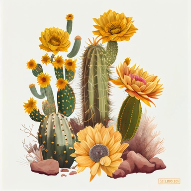 Vintage, Cactus with sunflower, illustration, digital art, Arizona desert vibes, sublimation clipart, on white background,