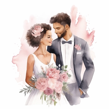 foue wedding watercolor clipart with multiracian couple