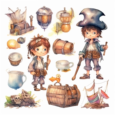 Watercolor pirates cute illustrations clipart set, simple, soft colors, cartoon elements, different variants, cute little pirate boy and girl pirate ship, pirate treasure chest, daggers, swords, pirate glag, skulls, billybones,, wooden elements, loot,, separate elements with a margin