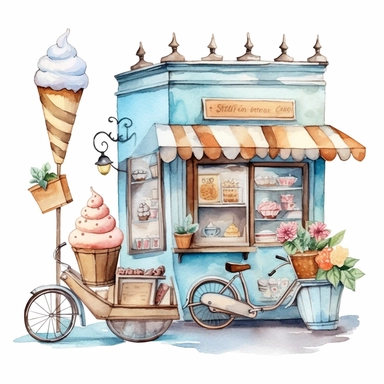 Watercolor wedding icecream blue stand, wedding clipart, simple, soft colors, cartoon elements, watercolor boho style, white transparent