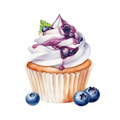 Watercolor Yummy blueberry cup cake clipart, hd, single object, white background, no text watermark