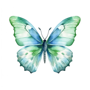 light blue and green watercolour butterfly clipart, vector image