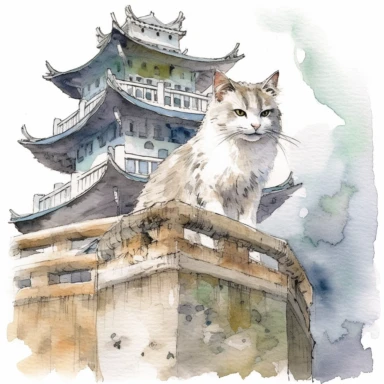 Ragdoll cat explores inside Nagoya Castle in Nagoya and appreciates the architecture and history of the castle. Watercolor painting & Colored pencil painting, Premium clipart, clean line, on only white background, spaced out, complex design, hyper realistic, super detailed, dynamic pose, 32k UHD, award winning picture,