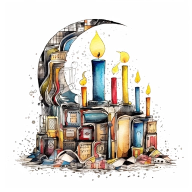 creepy magic book and candle crescent moon clipart, detailed, white background, illustration painting, collaged constructions, digital art, watercolor, in the style of sculptural and geometric, forced perspective drawings, Geometric brushstrokes form an intriguingly abstract, painterly figure, Pablo Picasso, Wassily Kandinsky,