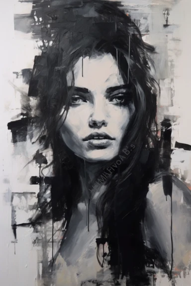 Thick black charcoal portrait of a beautiful italian women, shoulders baring, add drips and in abstract form. with newspaper clippings throughout the art piece and thick paint brush strokes, more drips and white gesso. original art look on canvas