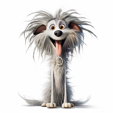 a skinny dog with frizzed out hair, crazy looking expression, exceptionally funny, silly, goofy dog, full body image, pixar style, clipart, white background,