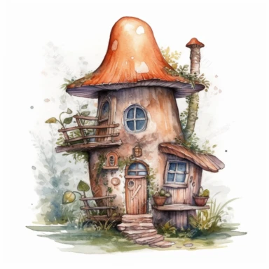 watercolor clipart of a tiny elf house with small details, magical mystcal, high quality watercolor image on white background