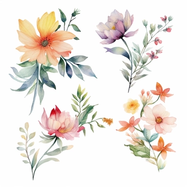 watercolor spring flower group for corner of invitation, clipart isolated on clear white background, soft colors, boho, lithograph, 32k uhd, textural