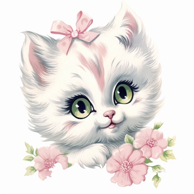 vintage Hand painted clipart of a pastel kitten with long eyelashes and rosy cheeks, playful and animated, in the style of vintage nursery kitsch Lefton, retro midcentury 1950’s, white background, contour