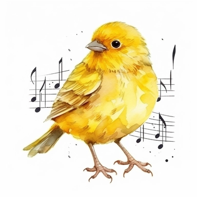 Happy yellow canary with a musical note, watercolor, clipart, on isolated on white background.