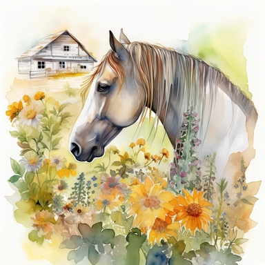 Visualize a clipart-style watercolor illustration of a close up of detailed a sociable horse amidst a lively farm, surrounded by wildflowers on a sunny days, set against a clean white background. Use bright, pastel colors, ensuring the colors pop against the stark white backdrop. Fill the environment with lush greens, radiant yellows, and clear blues. Introduce leading lines to provide depth and guide the viewer's attention to the horse's inviting expression and farm in the background. The compo