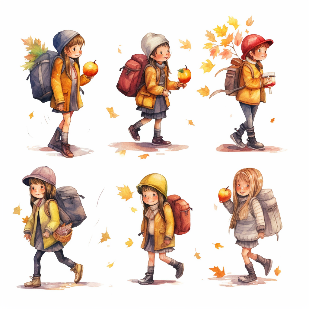 watercolor, Set of boys and girls going to elementary or middle school Happy pupils holding books surrounded by autumn leaves isolated on white. Collection of children with backpacks or bag png Full body realistic cartoon in 32K UHD cute. 15 cm thick outl