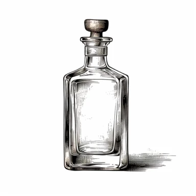 liquor bottle, old school vintage illustration style, pen and ink, hand drawn, clipart, isolated on white background