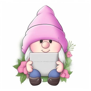 an adorable, cute clipart-style Gonk gnome illustration, perfect for Mother's Day product designs. The gnome should have a sweet, cheerful expression and wear a soft pastel-colored outfit, incorporating gentle shades of pink, lavender, and mint green to convey a warm, motherly vibe. The Gonk gnome should be holding a blank whiteboard in front of him, providing a customizable space for personalized messages or designs. Add charming details such as a floral-patterned hat and a heart-shaped pendant