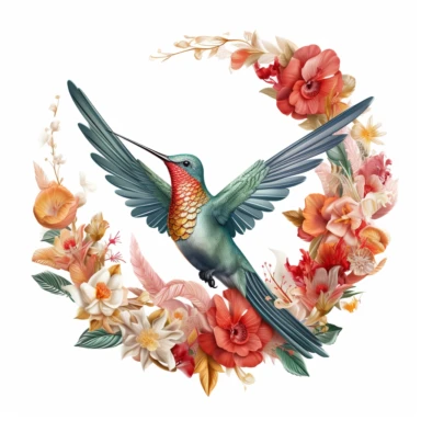 A visually stunning and highly realistic portrayal of a hummingbird, gracefully depicted in a vector format with flat design elements. The hummingbird's intricate features and iridescent plumage come to life in exquisite detail, capturing its elegance and charm. It is encircled by a vibrant ring of colorful flowers, each petal and stem rendered with precision and vibrant colors. Against a pristine white background, this clipart showcases the beauty of nature in a clean and versatile manner. With