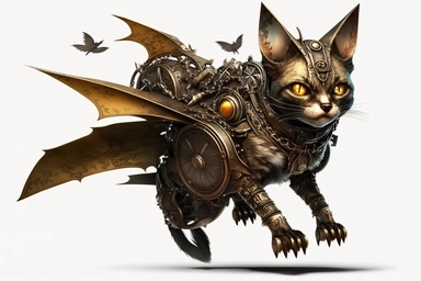 clipart, A beautiful cat with a steampunk-style mechanical bat on its back, hd, on white background,