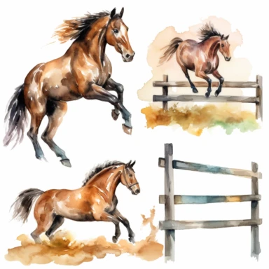 Watercolor racing horses , horse jumping over fence, illustrations clipart set, simple, vibrant colors , cartoon elements, different variants , separate elements with a margin