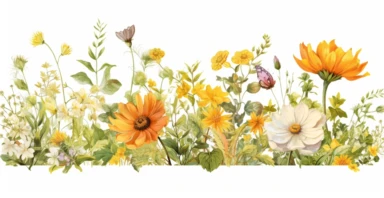 Pressed boho cottagecore floral clipart Peony, ranunculus, sunflower and verbena floral border wildflowers with green foliages floral nature garden border, clipart with white background