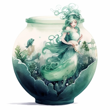 watercolor fairytale ocean POT, in the style of anna dittmann, green and aquamarine, zhang jingna, detailed painting, detailed character illustrations, fluid, watery, organic shapes, transparent/translucent medium, isoleted on white background, total body, mermaid body, seashells, clipart , symbolic elements, tinycore, ocean academia, stone, fantasy-based, castle down the ocean, isoleted on white background, clipart