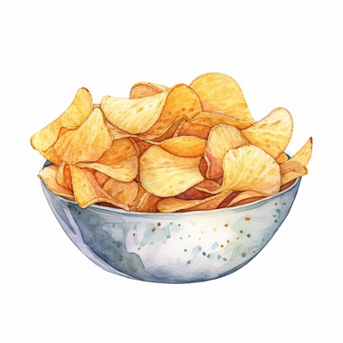 ella bailey watercolour illustration style bowl of chips, high definition, 8k, insanely detailed, fine detail, sharp focus, illustration, white background, isolated clipart vector