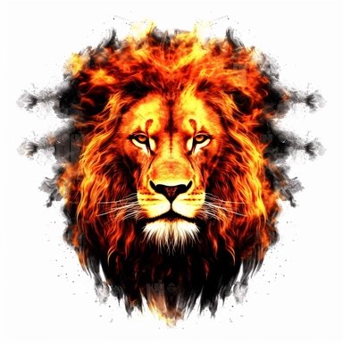 clipart of lion head, mane of burning flames, dark smoke background, on white background