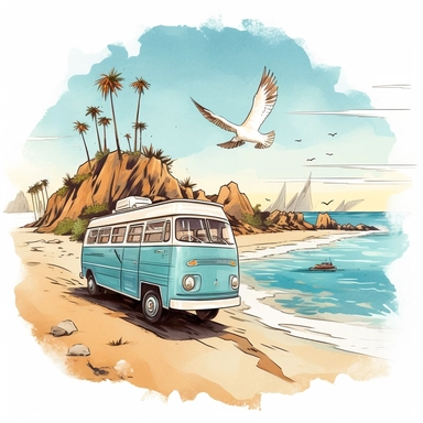 An adventurous vanlife clipart portraying a modern camper van driving along a scenic coastal road, cliffs on one side and sparkling blue ocean on the other, seagulls soaring in the sky, palm trees swaying gently in the breeze, capturing the sense of freedom and wanderlust, Digital artwork, Illustration, watercolor on papern contrasting plain background for clear background separation