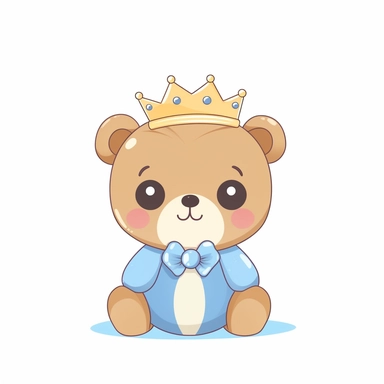 clipart, cute kawaii baby teddy bear wearing crown and blue bowtie, light beige, white background