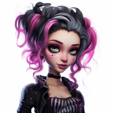 beautiful stunning pretty young woman monster high characters doll style, paint art style, clipart, white background, superrealistic, one of a kind