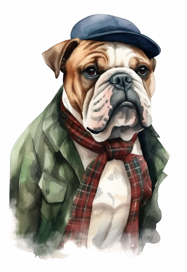 watercolour of a English Bulldog wearing A red plaid flannel shirt with a dark green corduroy vest, Add a leather newsboy cap and a silver pocket watch for a classic hipster touch, clipart, colourful, pastel color, watercolour, single sheet