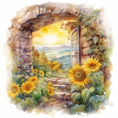 isolated on white illustration watercolor art of a rustic window from inside the fairy house, the window shows the landscape from the garden with sunflowers and a road going into the mountains, a lot of sunflowers, masterpiece by Hans Zatzka style and by Josephine Wall style and by Rachel Ruysch style and by Jean-Baptiste Monge style, Art Nouveau Architecture, PNG clipart, isolated on white, extreme photorealistic details, 32k HD resolution, realistic high detailization high resolution