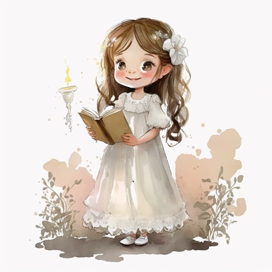 a watercolor clipart of a cute girl wearing a white dress in her first communion with bible in hand, full body clipart, charming smile, smiling, blushing, White PNG background