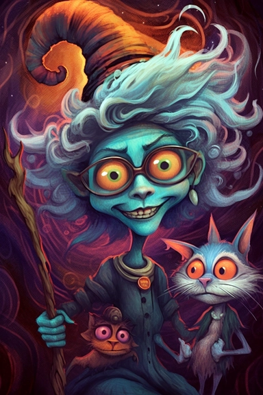SURREAL cartoon crone witch and her cat, with her huge grin,large head big eyes, huge eyeglasses, wearing pointed hat , stormy clouds in the background ,painted in many colors,, swirling colors, intricately textured, airbrushing, layered imagery, split toning. detailed watercolor . clip art, cartoon, 8k