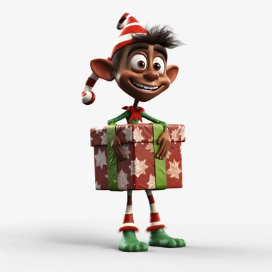 clipart of a crazy dark skinned christmas elf standing on a christmas present, there is a funny face on it, cartoon, for kids, funny, pixar, 8k, white background, sharp focus, detailed,