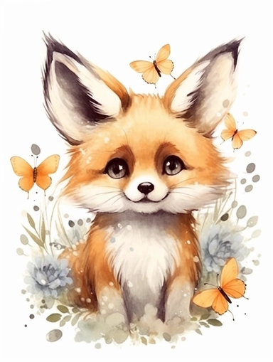 cute happy fox clipart looking at a butterfly on his nose, in watercolor style, The background is a solid white color, with no shadows or gradients and no flowers or other elements than the fox and the butterfly. cabincore