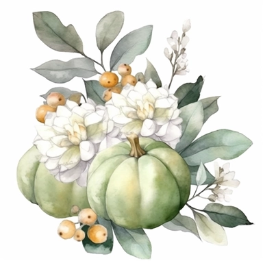 Autumn green Pumpkin, Fall Flower Bouquet, Green Leaves, Gray Eucalyptus Leaves, White Fruits, Watercolor, Clipart, Illustration, French Style, White Background