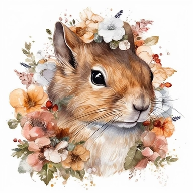 clipart de ardilla con flores, acuarela, 16k, hiper minimalista, megapixel, full color, super detailed, realistic watercolor paintings, in the style of 32k uhd, realistic animal portraits, precise draftsmanship, high quality
