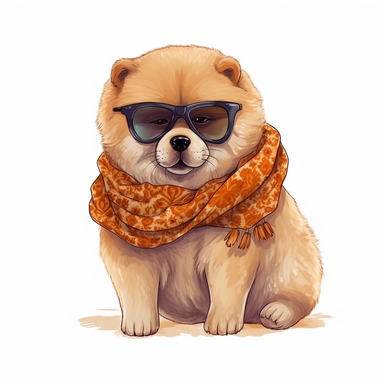 cute funny kawaii Chow Chow Puppy with Balenciaga sunglasses and cool necklaces or scarf, cute illustration, clipart, white backgound, Cuttable Design,full body