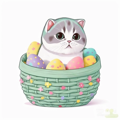 clipart of very cute scottish fold kitten, playing in a basket full of easter eggs, solid white background, in the style of mary blair, vintage disney animation style