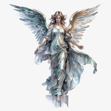 angel statue watercolour in the style of digital airbrushing, realistic yet stylized, digitally enhanced, elaborate costumes, 32k uhd, clipart, white background