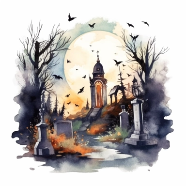 halloween cemetery watercolor illustration cemetery graveyard, in the style of vanitas paintings, nightmarish illustrations , isolated white background, clipart,