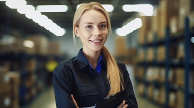 a woman dressed in uniform, in a warehouse holding a clipboard, in a very bright room, a portrait, shutterstock, blonde women, uhq, group photo, industries, proffesional, smiley, candid picture, close angle, cute woman, unknown artist, professional portrait istockphoto, group photo, maintenance photo, cute photo high quality, high detailled, website, ultrarealistic, wallpaper,