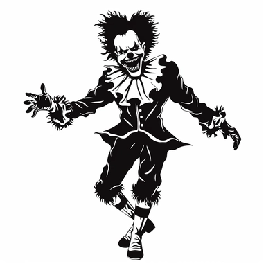 black and white silhouette of a terrifying cartoon halloween clown with sharp teeth, full body side view, clipart style, white background, thick lines, vector, simple design, flat colour, solid colour, halloweencore