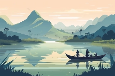 Mountains vector file. Forest landscape clipart. Camping and travel print.People guide their boats through tranquil, water color-like green reeds and algae on the Karatoya River in Bogra, Bangladesh Vector flat illustration