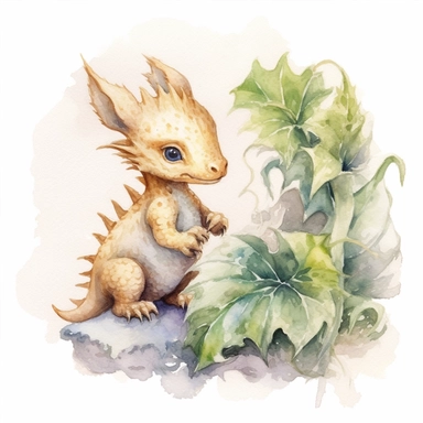Clipart, watercolor, white background: A baby dragon with a gentle and friendly demeanor, playing with woodland creatures and forging unlikely friendships.