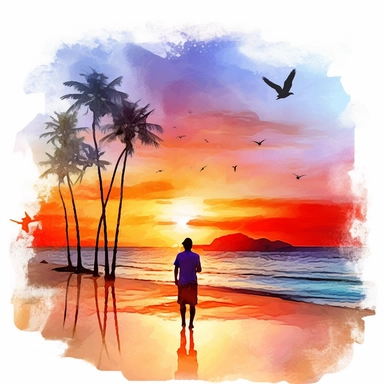 Sunset Clipart in watercolor, Palm Tree Beach, birds, man on beach, hd, color-splashed, masterpiece, close to perfection, rich colors, hyper realistic, white backgraound, 8k v 5.1 ar 16:9 s 300