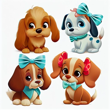 walt disney style, sweet cheerful pets with bows, soft toy look, clipart set, white background