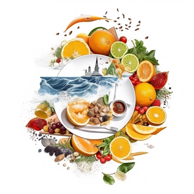 White background. Clipart. food. magical foodscapes made from mouthwatering dishes that are transformed into extraourdinary landscapes. mystical, beuty of nature elements, touch of fantasy, visually stunning, enchanting, imagination, culinary, extraordinary. Clipart. White background.