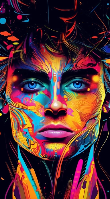 Close-up photography, vibrant, surreal, neon colors. An eye-catching close-up photograph of a male character looking straight into the camera with a vibrant and surreal backdrop of neon lights, creating a visually striking and captivating artwork. Clipart graphic, vector, contour, white-background