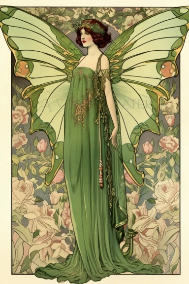 Vintage 1920 Symmetrical Fully Clothed Female Fairy with Large green Wings on its back Illustration, Chromolithograph, 1920s Illustration, Vintage, Antique, Ephemera, Clipart, 8k, on a vintage magazine cover