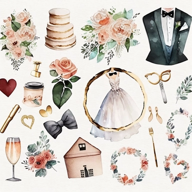 stickers, white background, wedding icons, watercolor painting, clipart, flowers, ring bride, groom, key, heart, lipstick, mirror, gift, bowtie, champaign, in the style of Winslow Homer